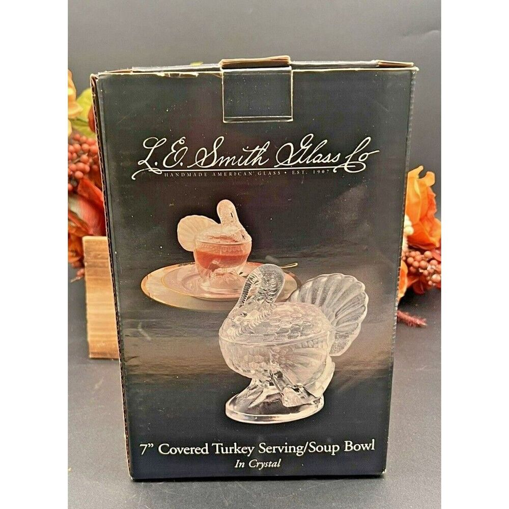 B34) Vintage Thanksgiving LE Smith Clear Carnival Glass Turkey Candy Gravy  Dish